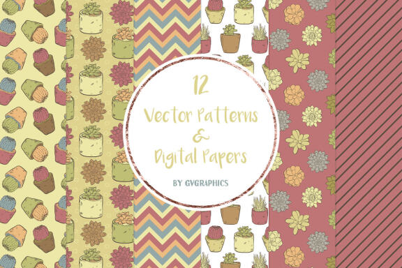 Vector Succulents, Cacti and Doodles Patterns and Digital Papers