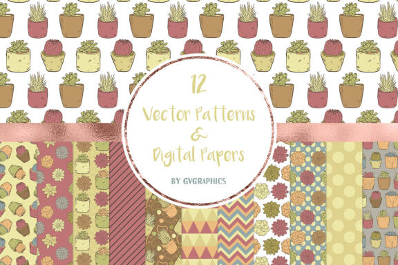 Vector Succulents, Cacti and Doodles Patterns and Digital Papers