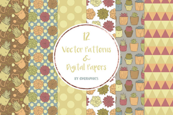 Vector Succulents, Cacti and Doodles Patterns and Digital Papers