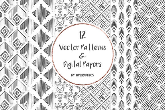 Hand Drawn Black and White Vector Patterns and Digital Papers Set 2