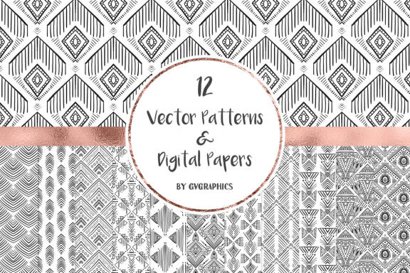 Hand Drawn Black and White Vector Patterns and Digital Papers Set 2
