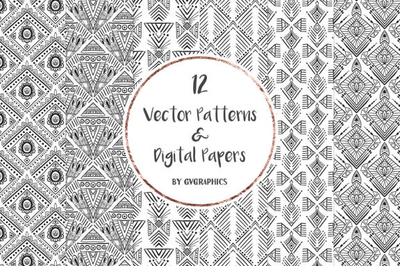 Hand Drawn Black and White Vector Patterns and Digital Papers Set 2