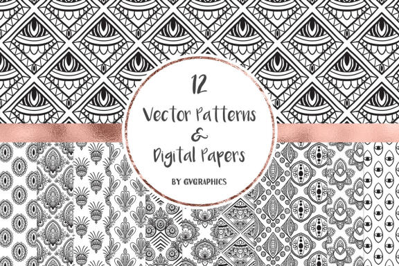 Hand Drawn Black and White Vector Patterns and Digital Papers Set 3