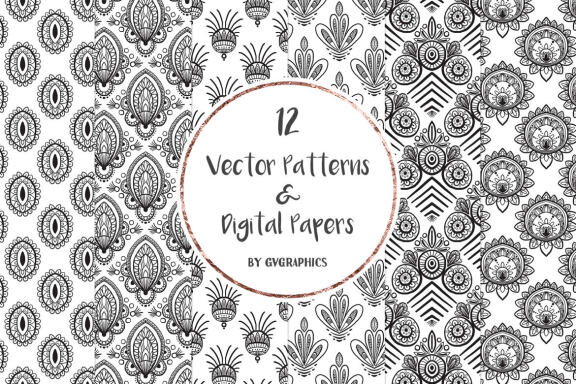 Hand Drawn Black and White Vector Patterns and Digital Papers Set 3