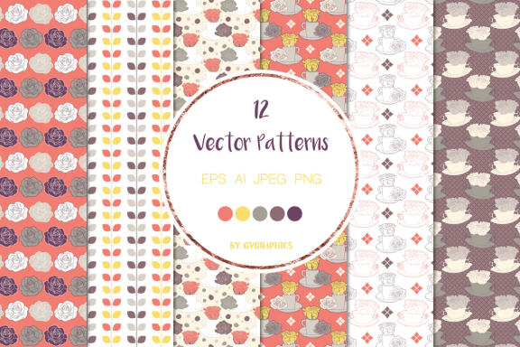 Roses and Tea Cups Vector Patterns and Seamless Tiles