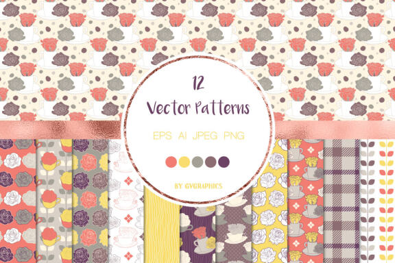 Roses and Tea Cups Vector Patterns and Seamless Tiles