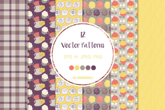Roses and Tea Cups Vector Patterns and Seamless Tiles