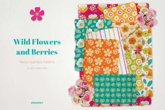 Wild Flowers and Berries Vector Patterns