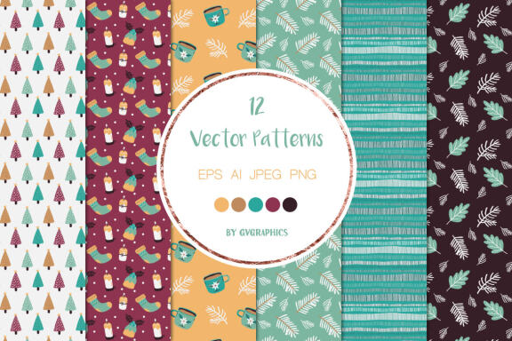 Christmas Winter Vector Patterns with Christmas socks, candles, hot chocolate and branches