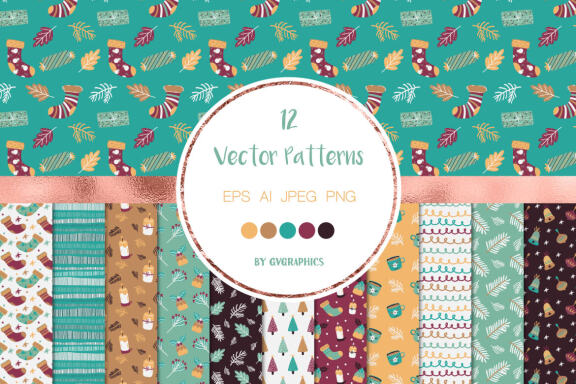 Christmas Winter Vector Patterns with Christmas socks, candles, hot chocolate and branches