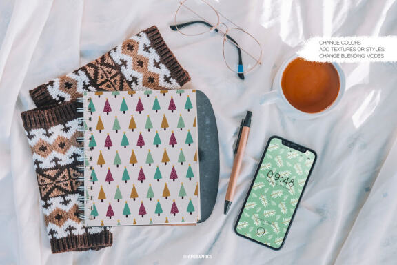 Christmas Winter Vector Patterns with Christmas socks, candles, hot chocolate and branches