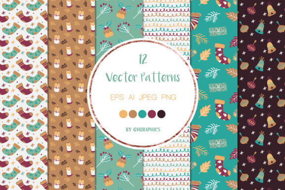 Christmas Winter Vector Patterns with Christmas socks, candles, hot chocolate and branches