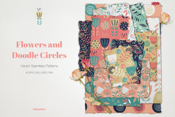 Flowers and Doodle Circles Vector Patterns