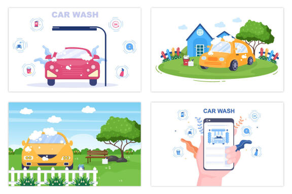 15 Car Wash Service Flat Design illustration
