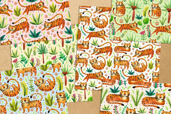 Cute tigers in jungles wild animals seamless patterns