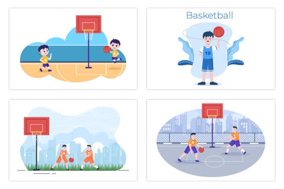 17 Kids Cartoon Playing Basketball Flat Illustration