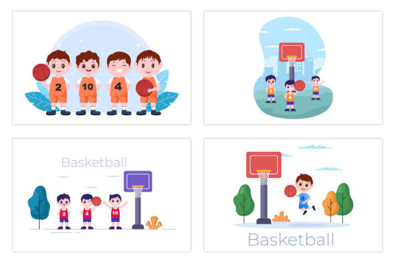 17 Kids Cartoon Playing Basketball Flat Illustration