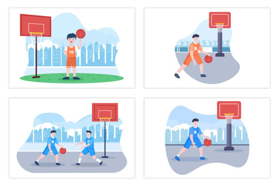 17 Kids Cartoon Playing Basketball Flat Illustration