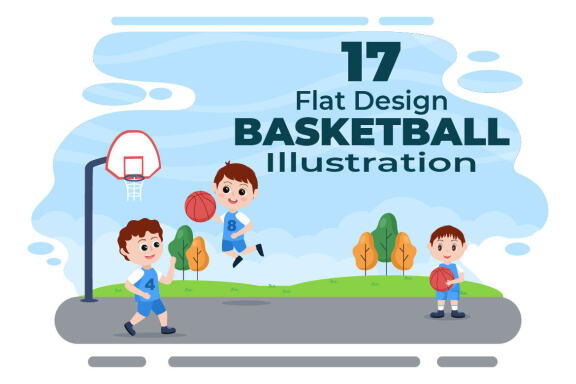 17 Kids Cartoon Playing Basketball Flat Illustration