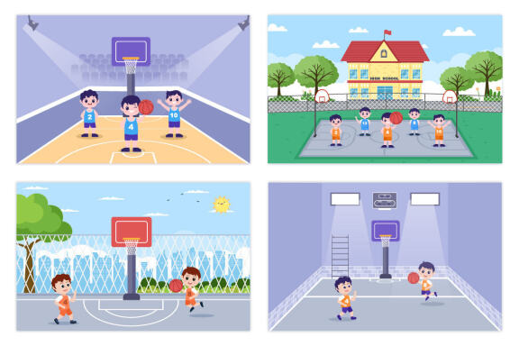 17 Kids Cartoon Playing Basketball Flat Illustration