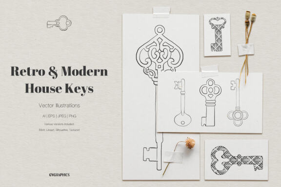 Retro and Modern House Keys Vector Illustrations
