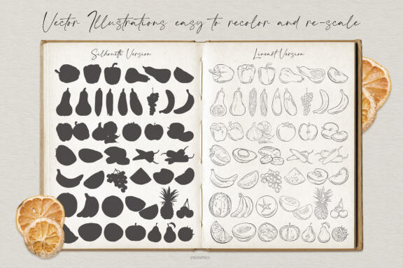 Hand Drawn Fruits and Veggies Vector Illustrations