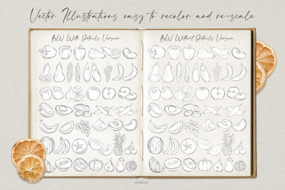 Hand Drawn Fruits and Veggies Vector Illustrations