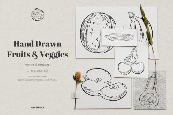 Hand Drawn Fruits and Veggies Vector Illustrations