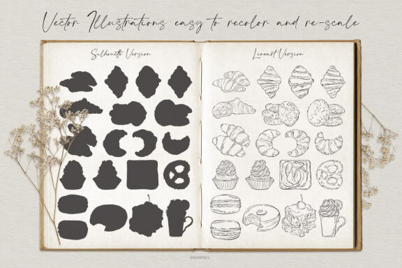 Croissants and Shugary Sweets Vector Illustrations