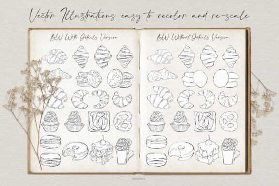 Croissants and Shugary Sweets Vector Illustrations