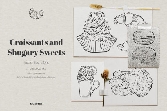 Croissants and Shugary Sweets Vector Illustrations