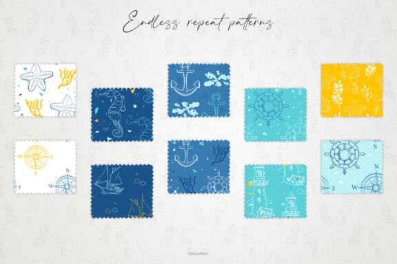 The Lighthouse and The Sea Vector Patterns