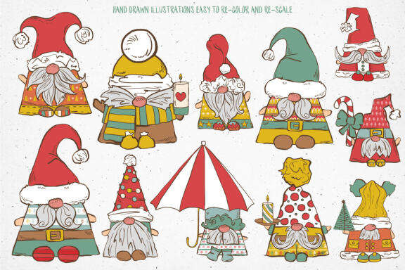 Cute Christmas Gnomes Vector Illustrations