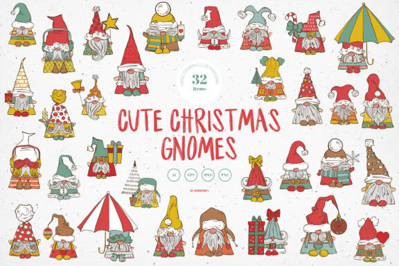 Cute Christmas Gnomes Vector Illustrations