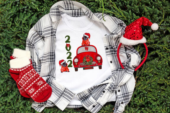 Vintage red car with christmas bulldog santa claus