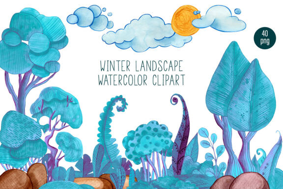 Winter landscape watercolor clipart, christmas