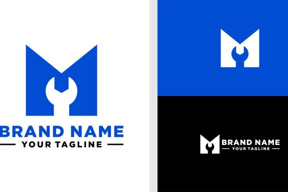 LETTER M LOGO WRENCH NEGATIVE SPACE EDITABLE