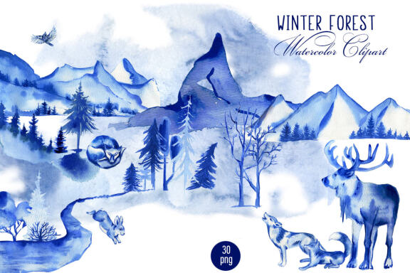 Winter Mountain Landscape Watercolor Clipart  