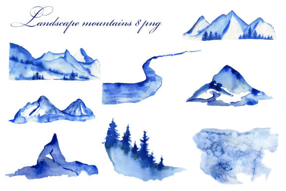 Winter Mountain Landscape Watercolor Clipart  