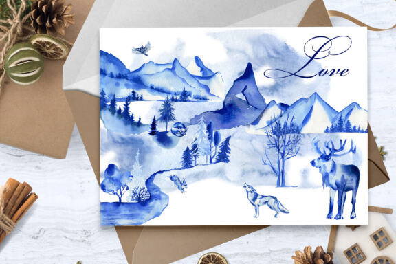 Winter Mountain Landscape Watercolor Clipart  