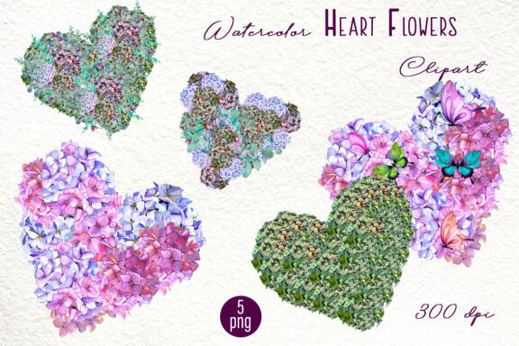 Set. Valentines hydrangea Heart Clipart. Love png