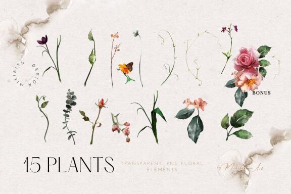 Antic flowers and 5 seamless patterns
