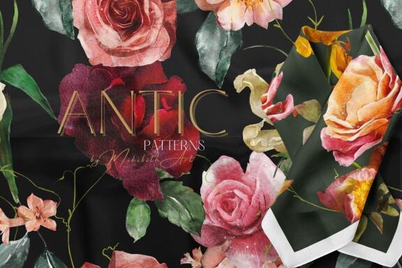 Antic flowers and 5 seamless patterns