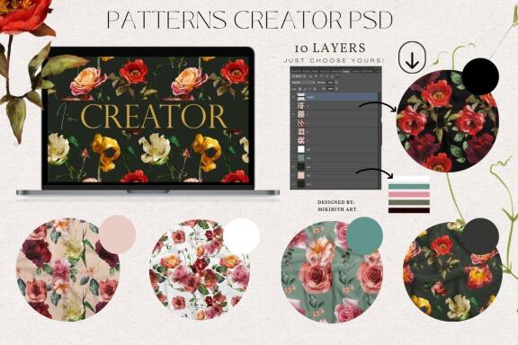 Antic flowers and 5 seamless patterns