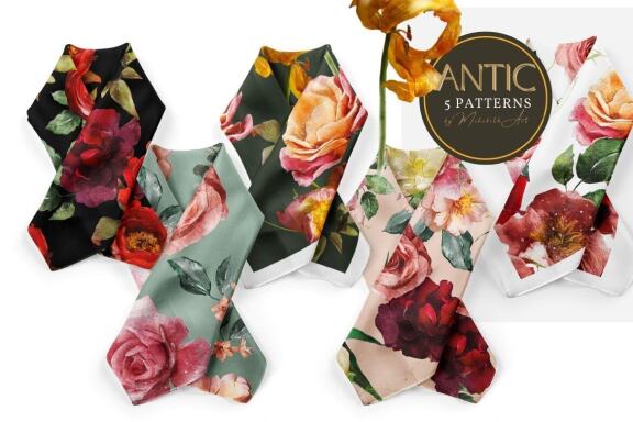 Antic flowers and 5 seamless patterns