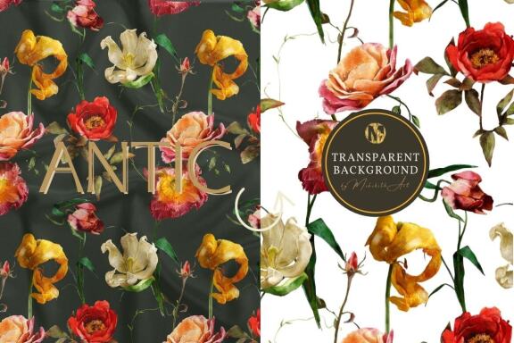 Antic flowers and 5 seamless patterns