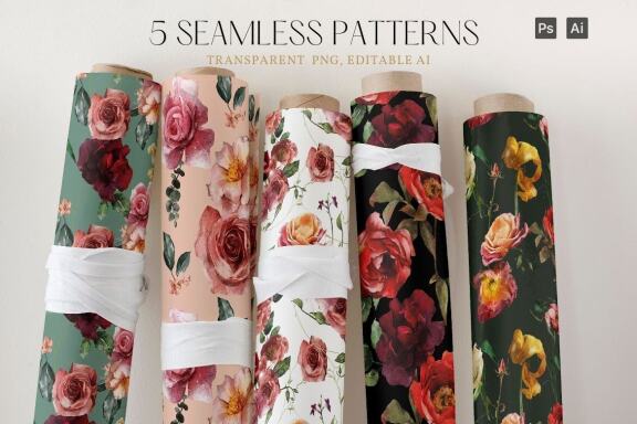Antic flowers and 5 seamless patterns