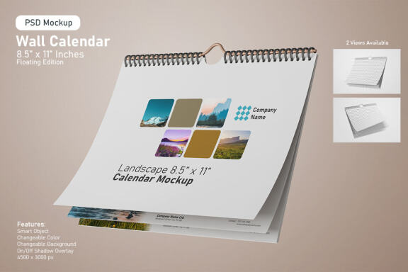 Wire Wall Calendar Mockup 8.5x11 Inches - Floating