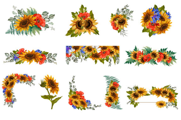 Sunflower, poppy and cornflower bouquets clipart
