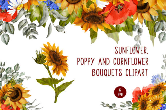 Sunflower, poppy and cornflower bouquets clipart